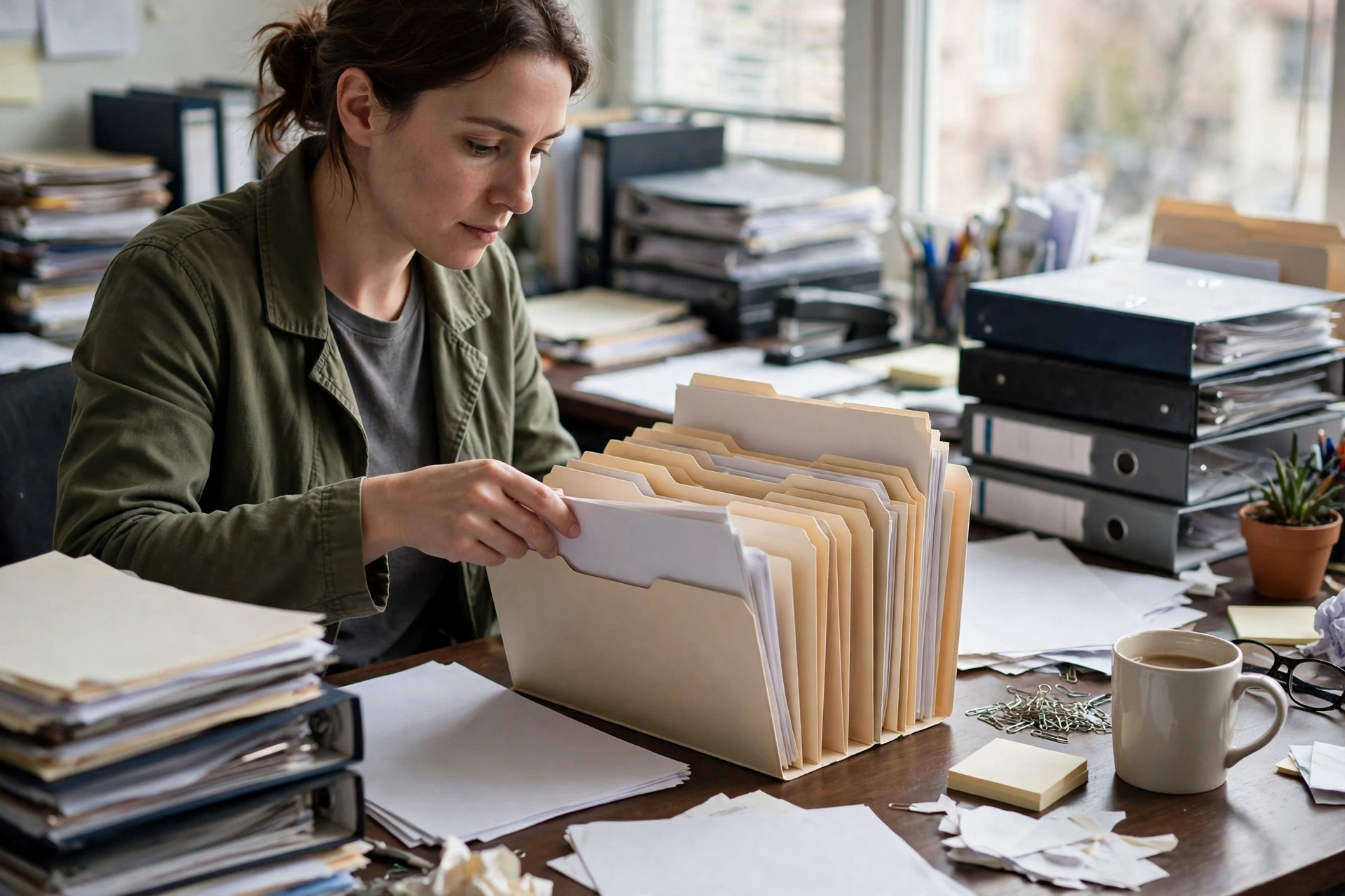 Woman filing documents into a folder organizer beside a laptop