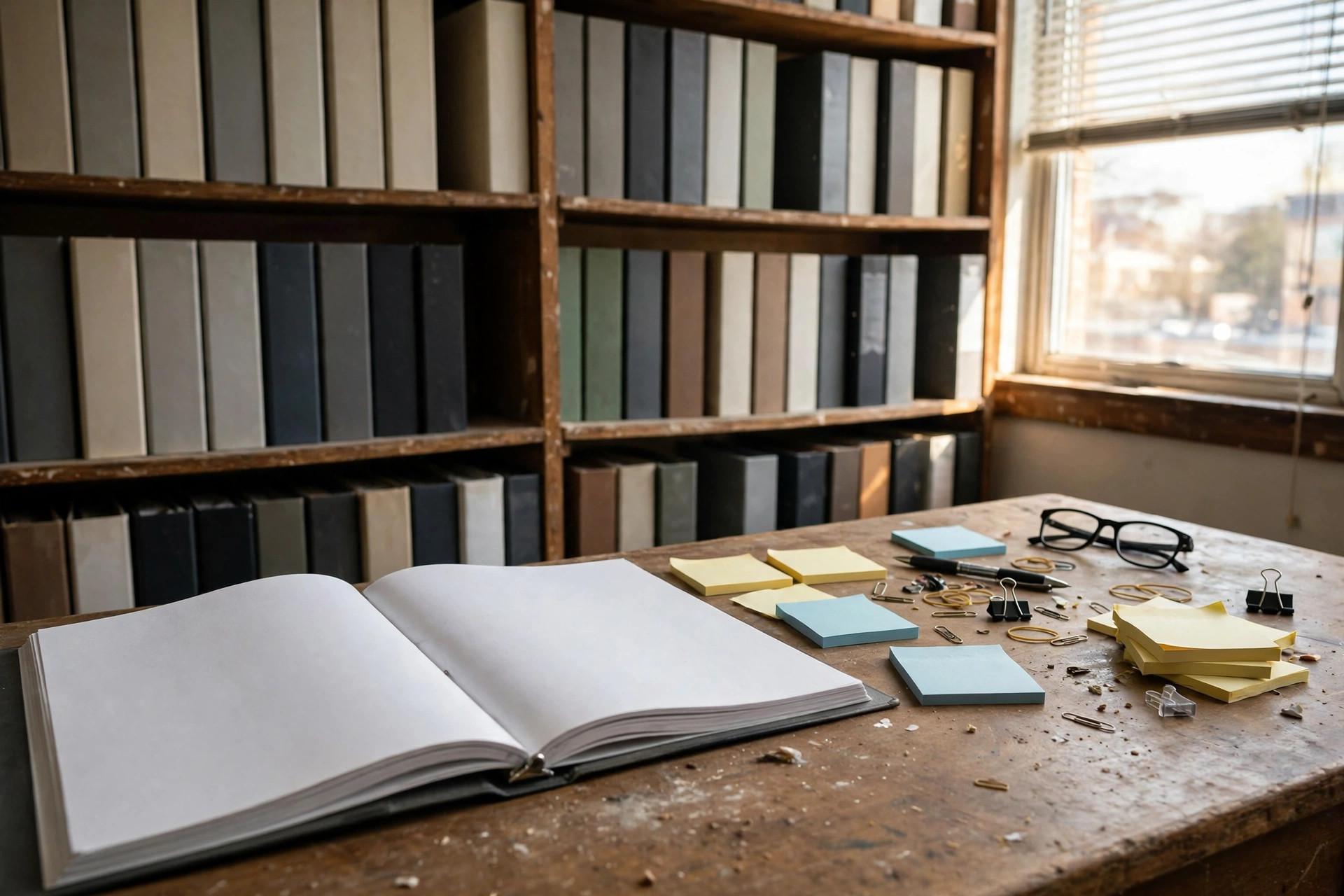 A bookkeeping office binder shelf mid-use, with an open SOP binder on the desk