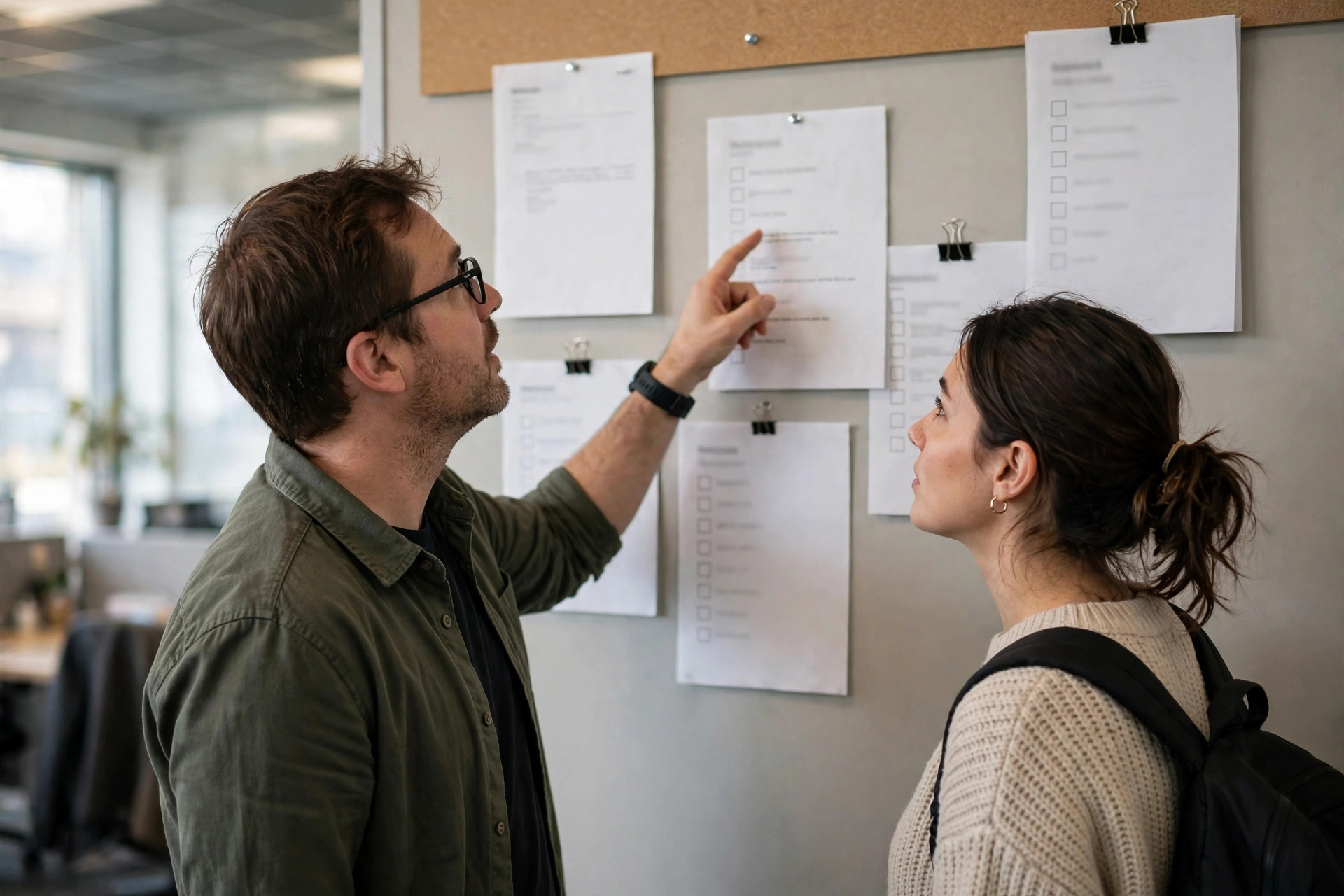 Team member walking a new hire through a checklist pinned on an office wall